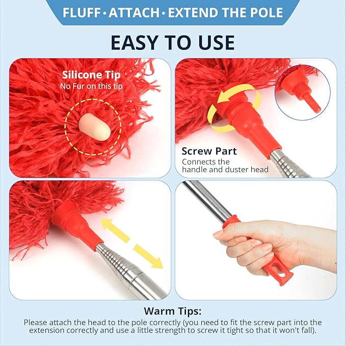 ZZ LAZYCOTTAGE Microfiber Duster with Extension Pole,Washable Bendable Head Ceiling Fan Duster,15-100 inch (Red)