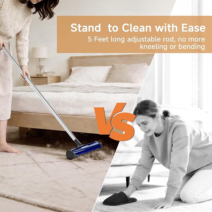 Carpet Hair Removal Tool, Long Handle Dog Hair Remover, Reusable Carpet Sweeper, Pet Fur Remover with Dust Container for Carpet, Rugs, Mats, Furniture, Upholstery