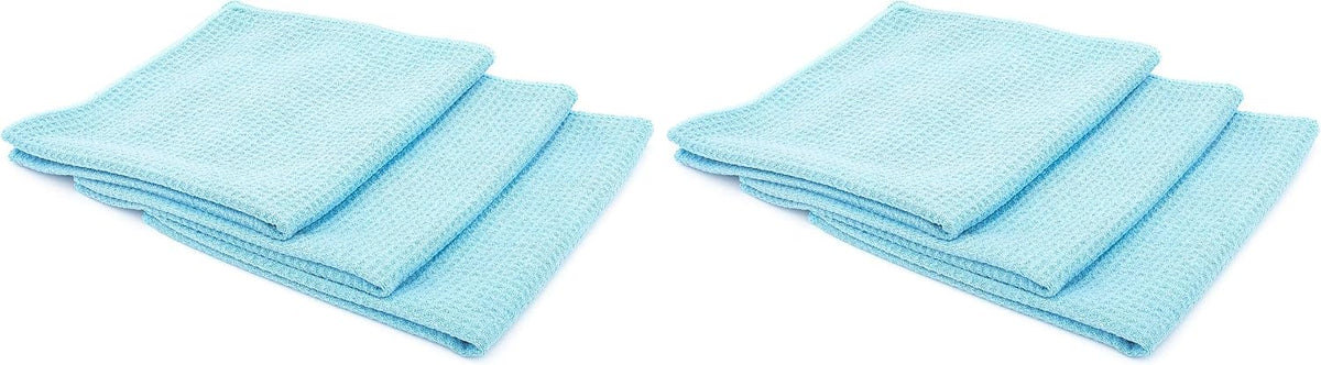 Standard Waffle Weave Towels, Microfiber Detailing, Window/Glass and Drying, Wax & Polish, Lint-Free, Streak-Free, 370gsm, 16in x 16in, Light Blue (6-Pack)