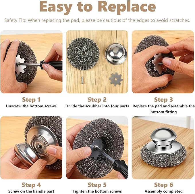 Steel Wool Scrubber, 4-Pack Stainless Steel Scrubber Pads with Handle - The Ultimate Scouring Solution for Rust, Stubborn Messes on Cookware, Grill, Oven & Kitchen Sinks