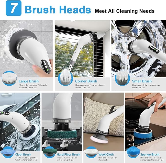 Electric Spin Scrubber,Electric Cleaning Brush for Bathroom,Kitchen and Shower,Adjustable Handle with 7 Replaceable Heads