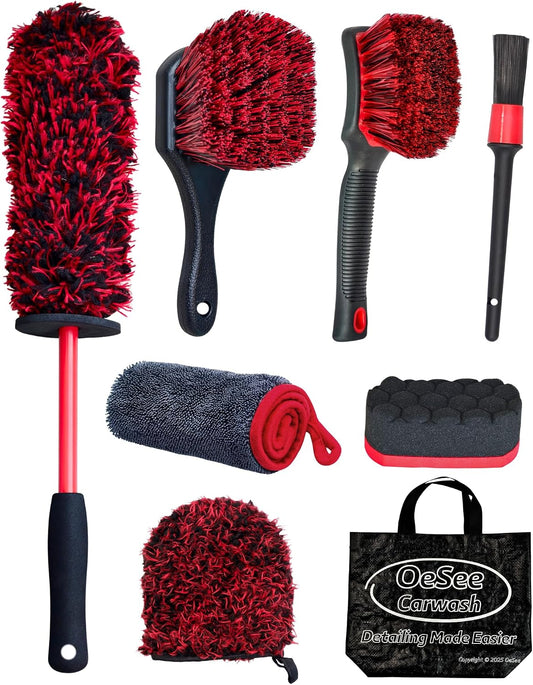oesee 8PCS Wheel Cleaning Kit with Microfiber Brush & Rubber Grip Tire Brush, Twist Loop Drying Towel, Detailing Brush