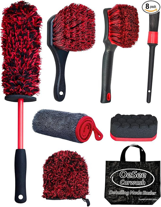oesee 8PCS Wheel Cleaning Kit with Microfiber Brush & Rubber Grip Tire Brush, Twist Loop Drying Towel, Detailing Brush, Applicator for Car Rim and Tire Care