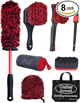 oesee 8PCS Wheel Cleaning Kit with Microfiber Brush & Rubber Grip Tire Brush, Twist Loop Drying Towel, Detailing Brush, 