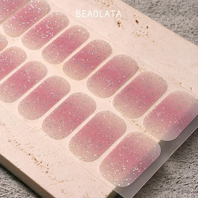 Nail Polish Strips, 32PCS Salon Quality Wraps, Long Lasting Gel Nail Stickers for Women Easy Apply& Remove (Quiet Glitter Pink)