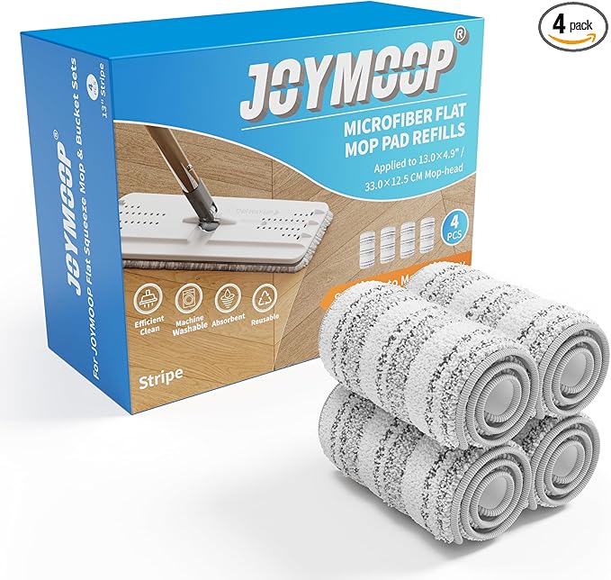 JOYMOOP Flat Mop Replacement Pads, Microfiber Cleaning Refills, Washable Stripe Pads, 13 inch, Pack of 4 for Flat Mop and Mop Bucket System