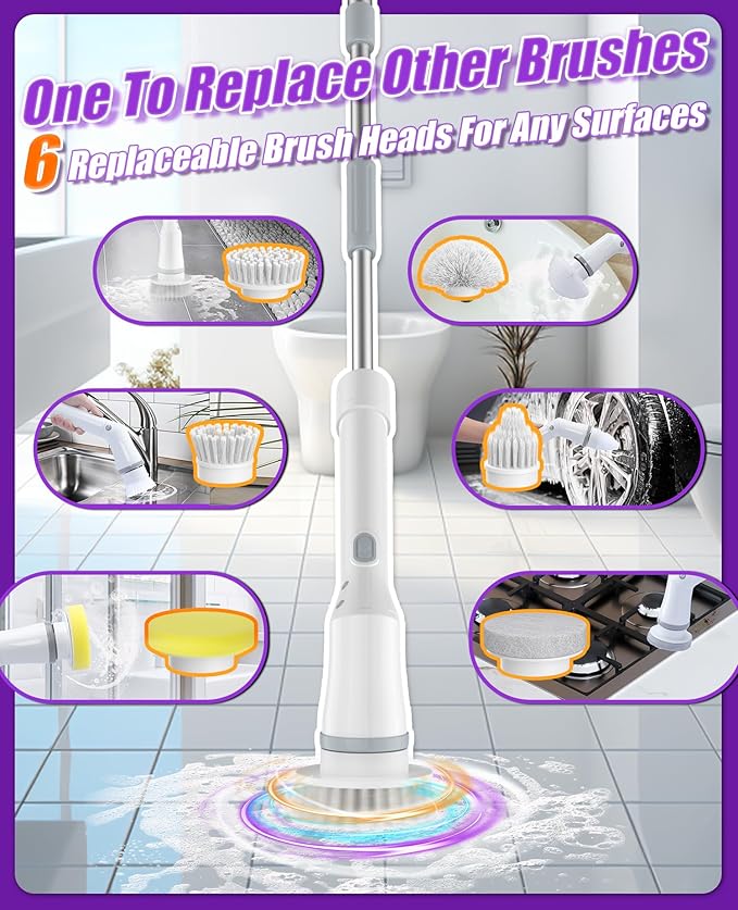 Electric Spin Scrubber, Cordless Floor Scrubber Machine with Interchangeable Cleaning Pads, IPX7 Waterproof 2-Speed Cleaning Pads for Bathroom, Kitchen, Tile, Tub and Floor Cleaning, White-qb2
