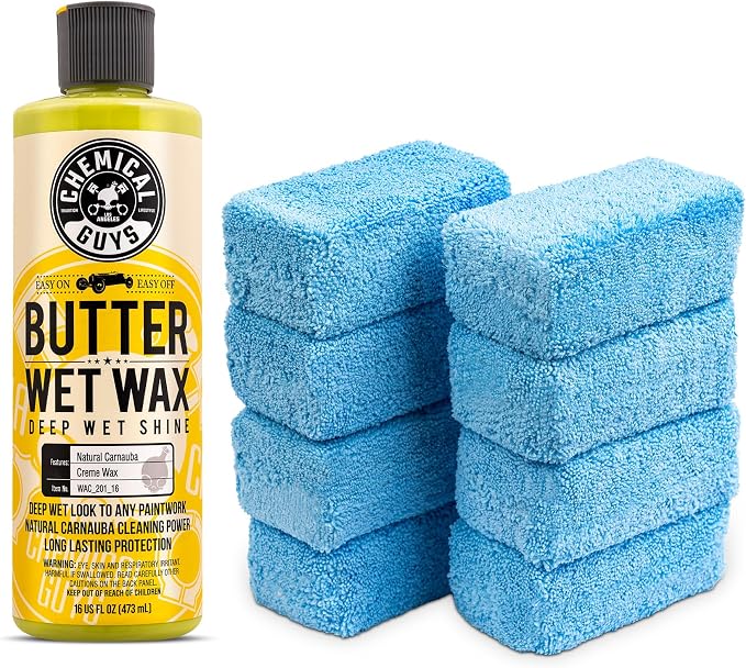 Chemical Guys Butter Wet Wax Deep Wet Shine Liquid Car Wax and 8 Foam Applicator Pads for Cars, Trucks, SUVs, RVs, and M