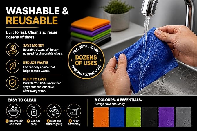 Microfiber Cleaning Cloth – 6 Pack, 230 GSM Ultra Soft Lens Cloth for Glasses, Camera & Screens, Streak-Free, Lint-Free, Scratch-Safe (6x7 Inch)