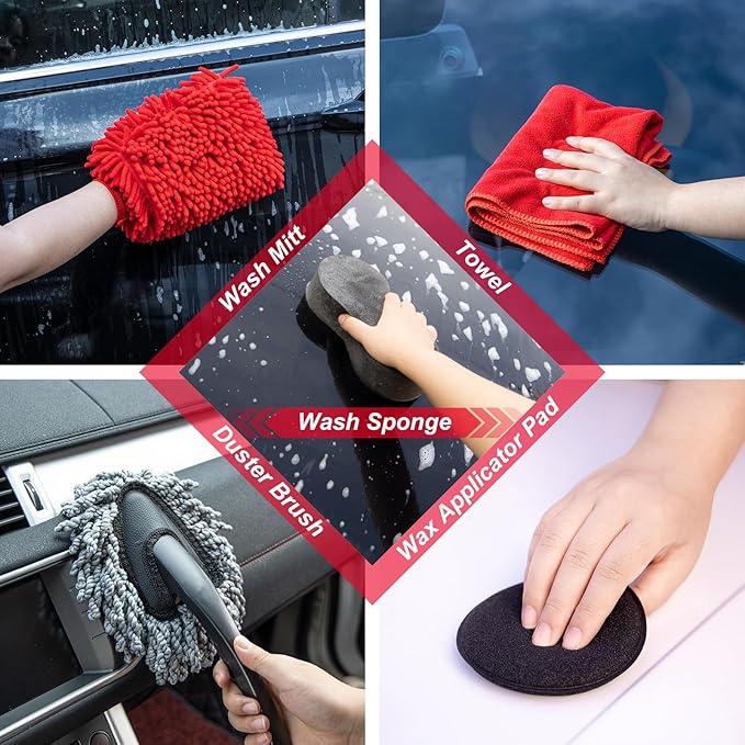 44Pcs Car Wash Cleaning Kit with Detailing Brushes Car Vacuum Drill Brush Set Collapsible Bucket Windshield Cleaning Tool Tire Brush Towels Complete Interior Exterior Detailing Set for Car