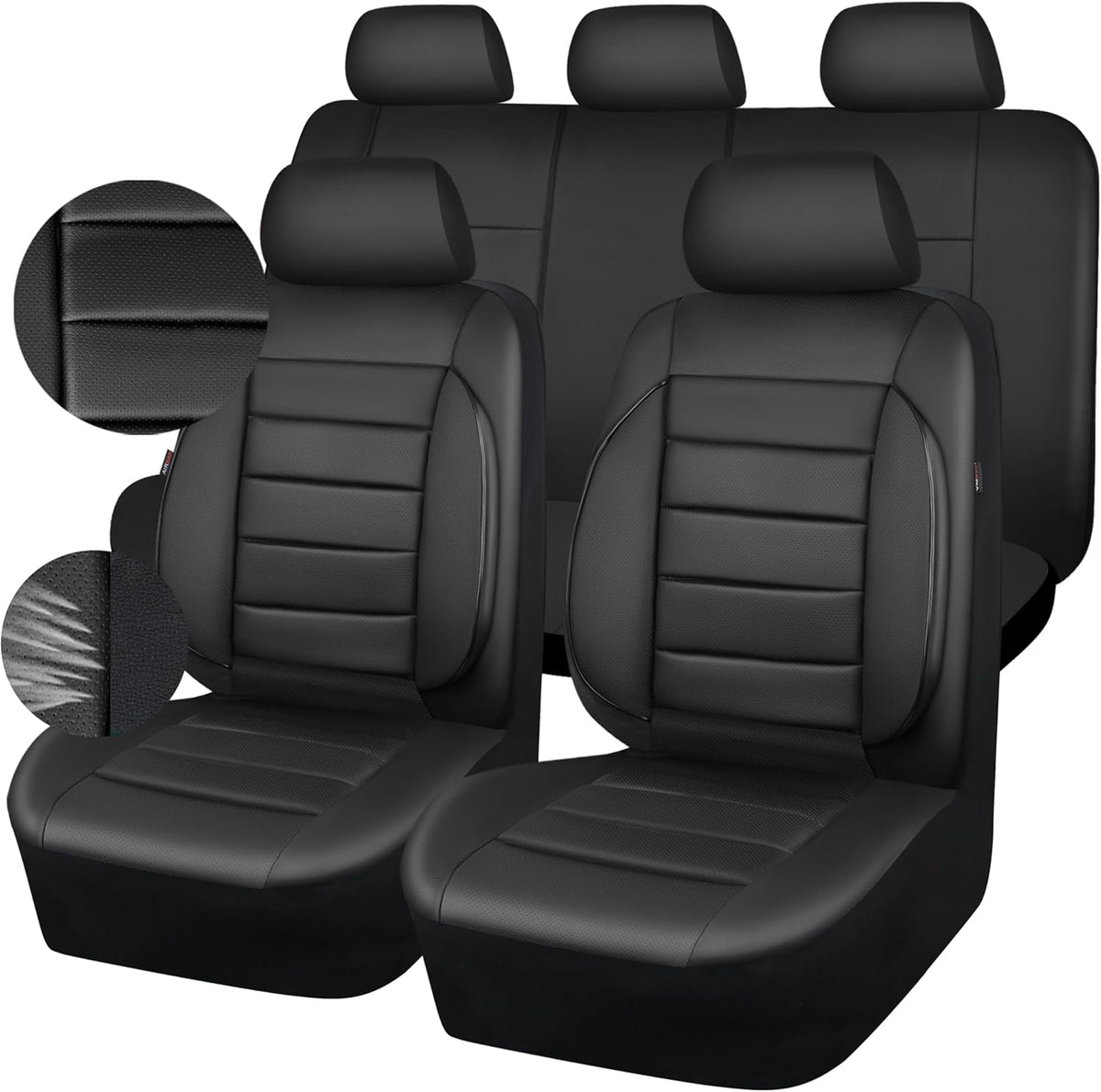 Leather Seat Covers Full Set Universal Water Resistant 3D Foam Back Support, Luxury Comfort Automotive 5 Seat Covers All Season Fit for SUV,Sedan,Van, Airbag Compatible Elegance(Pure Black)
