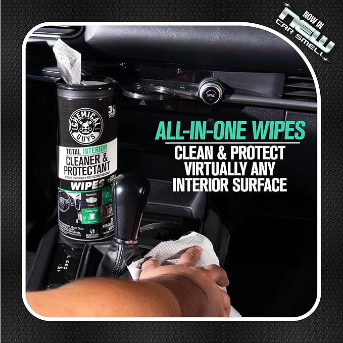 Chemical Guys Total Interior New Car Smell Cleaner & Protectant Wipes – All-in-One Interior Cleaning Wipes for Dashboards, Vinyl, Leather, Fabric & Glass – Cleans & Protects, New Car Scent, 30 Ct