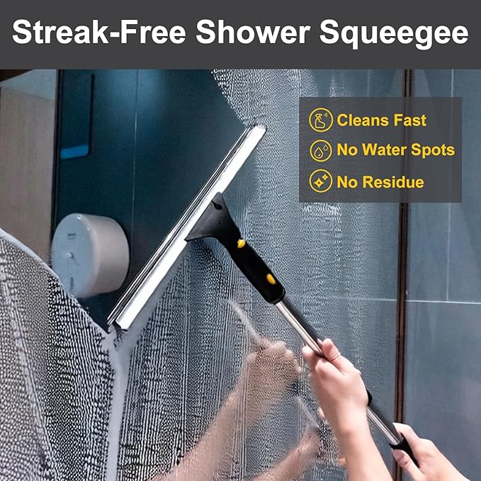14" Window Cleaning Tool, All-Purpose Extendable Window Squeegee with 2 Blades and Stainless Steel Pole, Shower Squeegee for Glass Doors,Shower Doors, Windows, Bathroom and Car Windshields