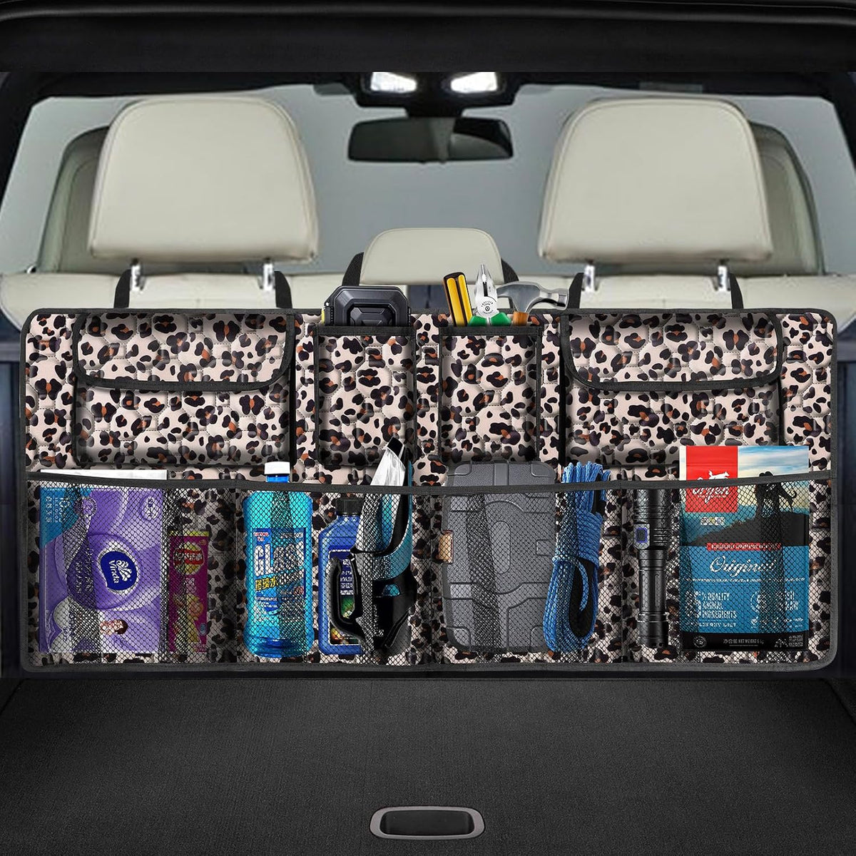Car Trunk Organizer, Super Capacity Backseat Car Organizer for SUV/Truck/MPV, Hanging Car Storage Organizer with 8 Pocekts, Car Accessories for Women and Men- Leopard print