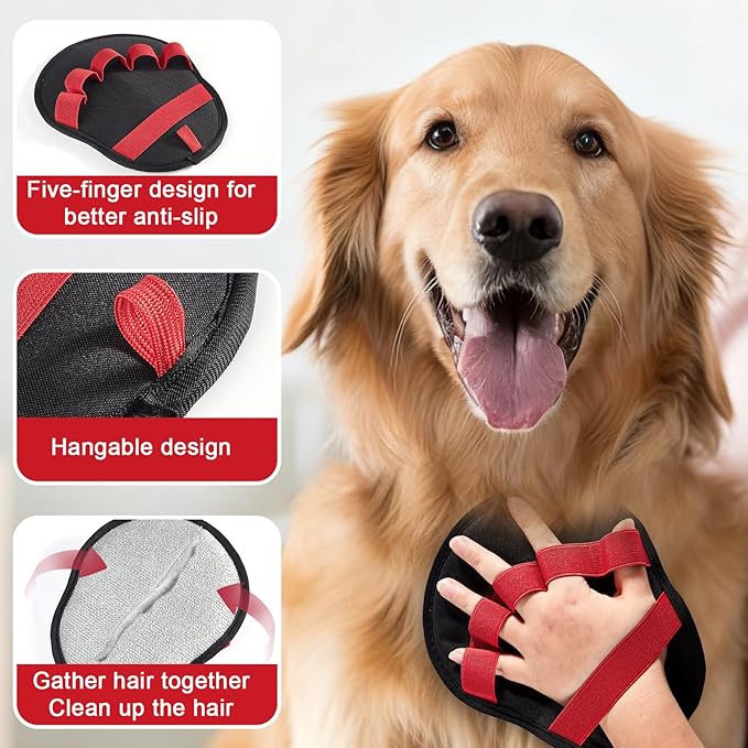 Lonfliness 2pcs Pet Hair Fur Removal Mitt Glove for Cats Dogs 5-Finger Electrostatic Reusable Pet Hair Remover Brush Tool for Couch Furniture Carpet Laundry Clothing (Red)