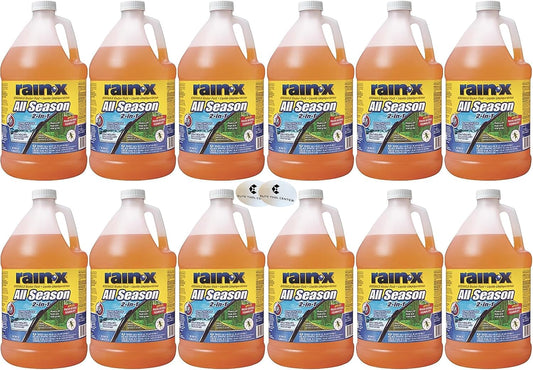 12 Pack Rain X All Season 2-In-1 Windshield Washer Fluid 1-Gallon Jug, 0°F De-Icer, Rain Repellant & Bug Remover With Stickers
