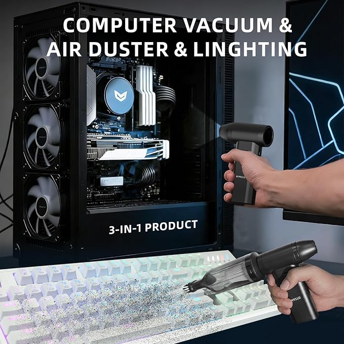 Electric Compressed Air Duster Mini Blower Cordless with Computer Vacuum Cleaner kit Lighting 180,000 RPM 5 Speed Handheld 3 in 1 USB-C for pc Keyboards Home Car BBQ Grill