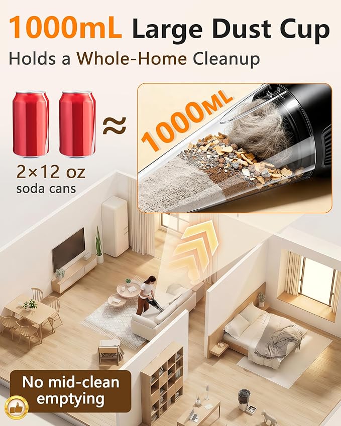 15-Min Fast Cleaning 120㎡ Room Handheld Vacuum Cordless - 26000Pa Strong Suction with Brushless Motor 18-36 Min Runtime Portable Vacuum - 1000mL Dust Cup One-Touch Emptying - Ease Use for Debris Hair
