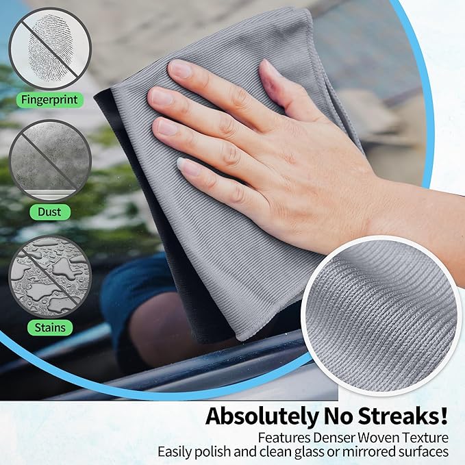 Microfiber Cleaning Cloth - 10 Pack Glasses Cleaning Cloth, 16" x 14" Window Cleaning Rags, Streak Free Lint Free Polishing Cloths Wipes for Eye Glass, Stainless Steel, Windshield, Grey