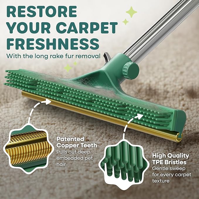 Carpet Rake for Pet Hair Removal, 60” Long Handle – Heavy-Duty Pet Hair Remover for Carpets, Rugs & Mats Cat Dog Fur Rakes Scraper Carpet Broom for Carpets with Copper Teeths