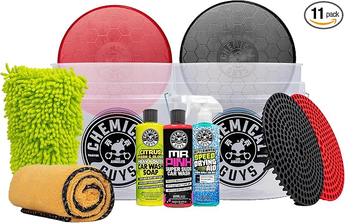 Chemical Guys Two Car Wash Bucket Kit with Dual Dirt Trap Filters, Chenille Wash Mitt, Mr. Pink, Citrus Wash, After Wash