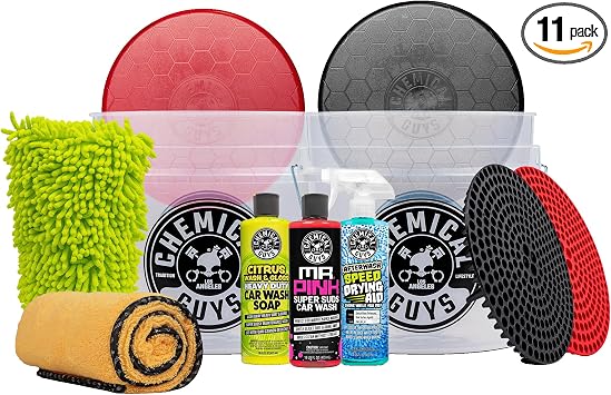 Chemical Guys Two Car Wash Bucket Kit with Dual Dirt Trap Filters, Chenille Wash Mitt, Mr. Pink, Citrus Wash, After Wash