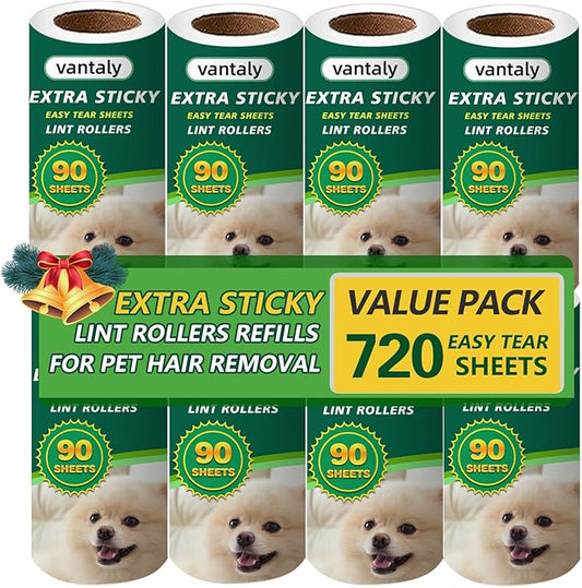Extra Sticky Lint Roller Refills,Fits Most 3.9"-4" Standard Size Lint Roller with Inner Diameter at 1.5", 8 Pack with 720 Sheets Total, Pet Hair Remover for Clothes, Car, Furniture