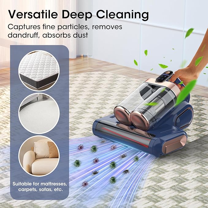 Bed Mattress Vacuum Cleaner Cordless 16Kpa Handheld Vacuum, Vacuum Cleaner with 253.7nm UV-C Light,HEPA Filter & Ultrasonic, Portable Vacuums for Sofa Couch Crib Birthday Gifts for women blue+gold