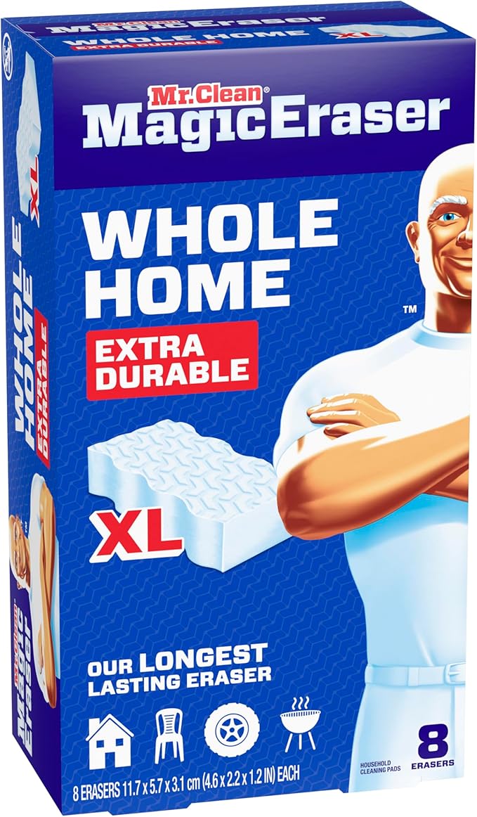 Mr. Clean Magic Eraser Sponge, All Purpose Cleaner, Long Lasting Cleaning Scrubber, Wall, Sneaker, Oven, Kitchen, Bathroom, Shower Cleaner, Cleaning Supplies, Whole Home Extra Durable XL, 8ct