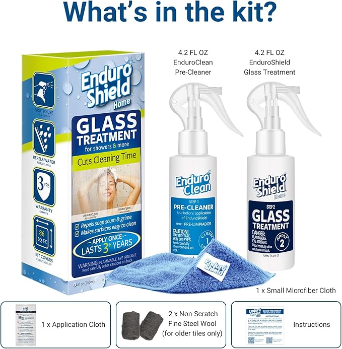 EnduroShield Glass Treatment Kit - Advanced Protection for Glass Surfaces - Repels Soap Scum, Grime & Dirt Without Harsh Chemicals - 8.4 fl oz