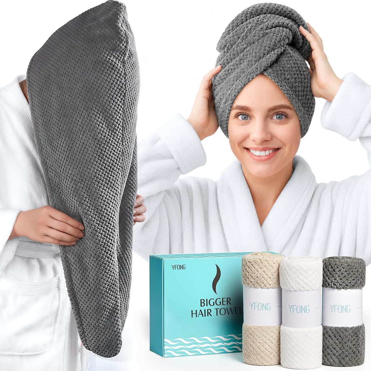 3 Pack Large Microfiber Hair Towel Wrap for Women Long Hair, 30 x 10"