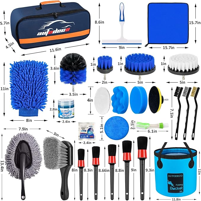 32Pcs Car Detailing Brush Set, Car Detailing Kit, Auto Detailing Drill Brush Set, Car Detailing Brushes, Car Wash Cleaning Tools Kit with Wash Mop for Interior, Exterior, Wheels, Blue