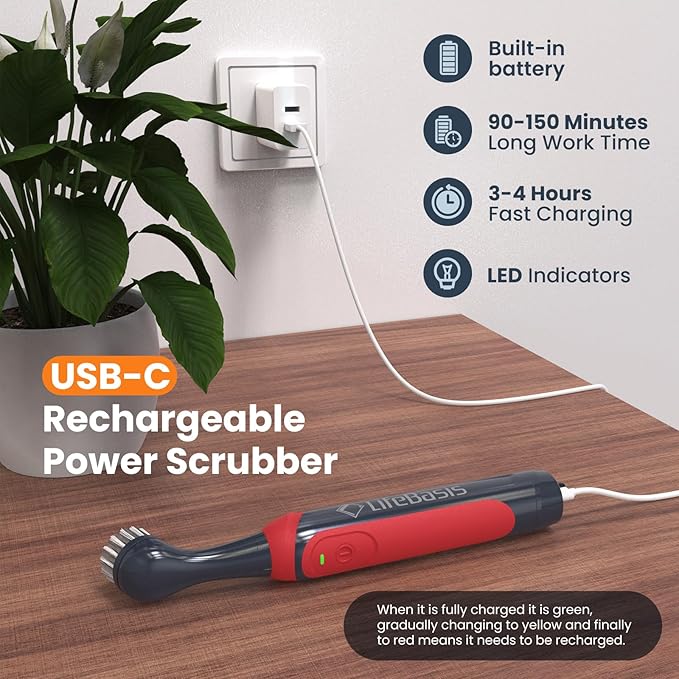 LifeBasis Rechargeable Power Scrubber 11-Piece Kit, Cordless Electric Cleaning Brush, IPX7 Waterproof Electric Grout Brush for Home, Kitchen, Bathroom, Grout, Tile, Shower, Tub, Red