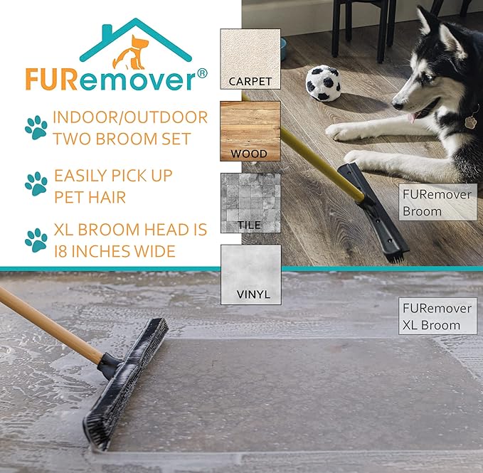 FURemover Pet Hair Removal Rubber Broom, 60" Handle 2-Piece Set