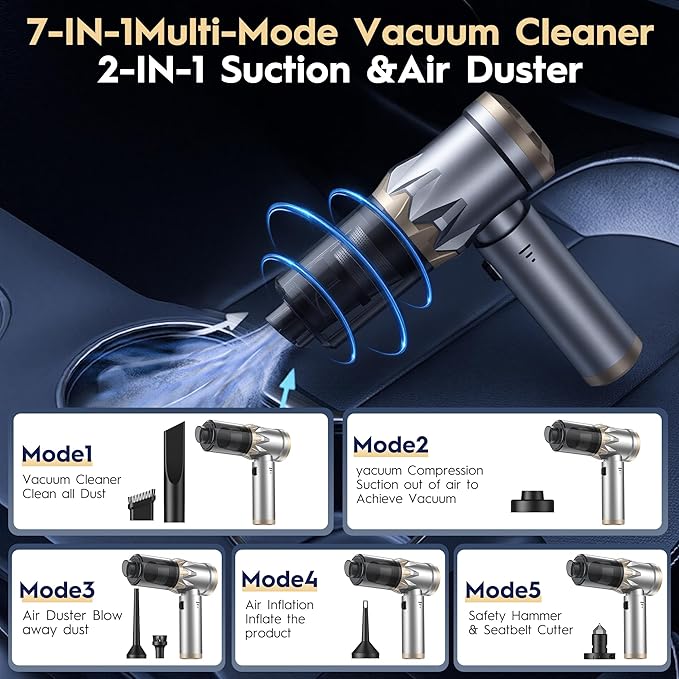 Car Vacuum Cleaner,Handheld Vacuum,15000PA High Power,3 Speed Portable Rechargeable Vacuum Cleaner with Brushless Motor,Cordless Small Vacuum for Car & Air Blower & Pump Silver