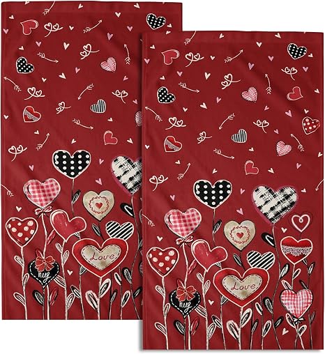Red Love Heart Hand Towel 2Pcs Valentine's Day Holiday Face Fingertip Towels Soft Absorbent Washcloths 14x28 Inch for Ki