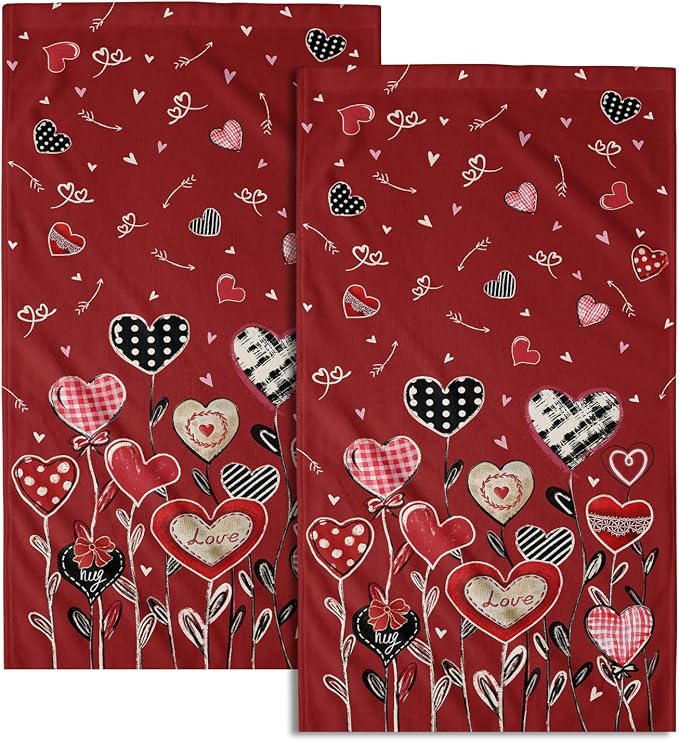 Red Love Heart Hand Towel 2Pcs Valentine's Day Holiday Face Fingertip Towels Soft Absorbent Washcloths 14x28 Inch for Ki