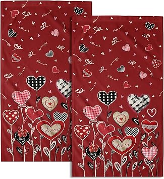 Red Love Heart Hand Towel 2Pcs Valentine's Day Holiday Face Fingertip Towels Soft Absorbent Washcloths 14x28 Inch for Ki
