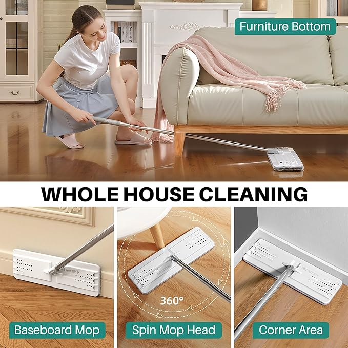 JOYMOOP Flat Mop System, Microfiber Mop and Bucket Set, White, Hands-Free Wet and Dry Floor Cleaning for Household and Commercial Use, Includes 5 Washable Pads