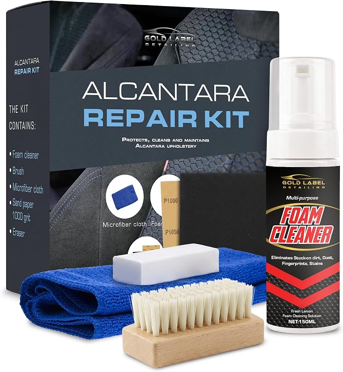 Alcantara Upholstery Cleaning Kit for Cars, Furniture, and More - Includes Foam Cleaner, Brush, Sanding Block, and Micro