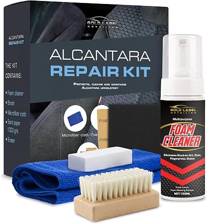 Alcantara Upholstery Cleaning Kit for Cars, Furniture, and More - Includes Foam Cleaner, Brush, Sanding Block, and Micro
