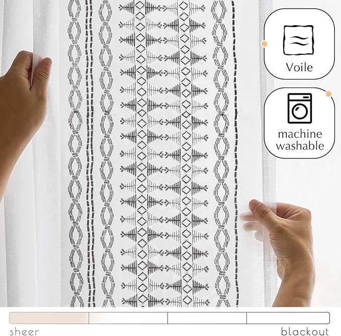 jinchan French Door Curtain Privacy Boho Embroidered Semi Sheer Voile Front Curtain for Window Doorway Closet, Door Panel with Tieback Rod Pocket 1 Panel (Grey on White, 55W x 72 L Inch)