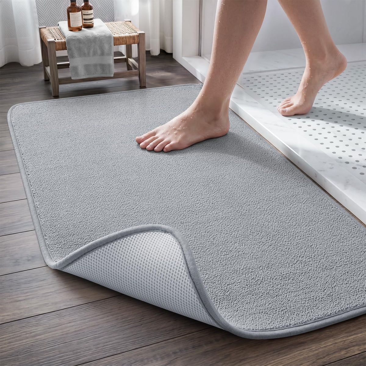 Super Absorbent Bath Mat, Low-Profile Bathroom Rug, Breathable Quick Dry Bathroom Mats for Floor, Machine Washable Thin Bath Rug for in Front of Sink Bathtub,Outside Shower,Grey, 20"x31"