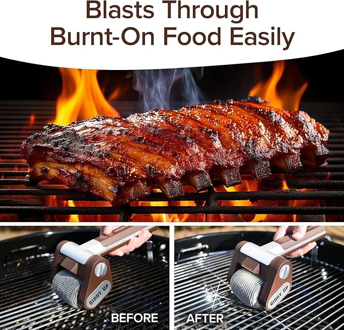 Horsepower Giddy Up Bristle-Free Spinning Grill Brush Replacement Head w/LED, AS SEEN ON TV, Cordless & Rechargeable, 304 Stainless Steel Power Roller Blasts Away Burnt-On Food