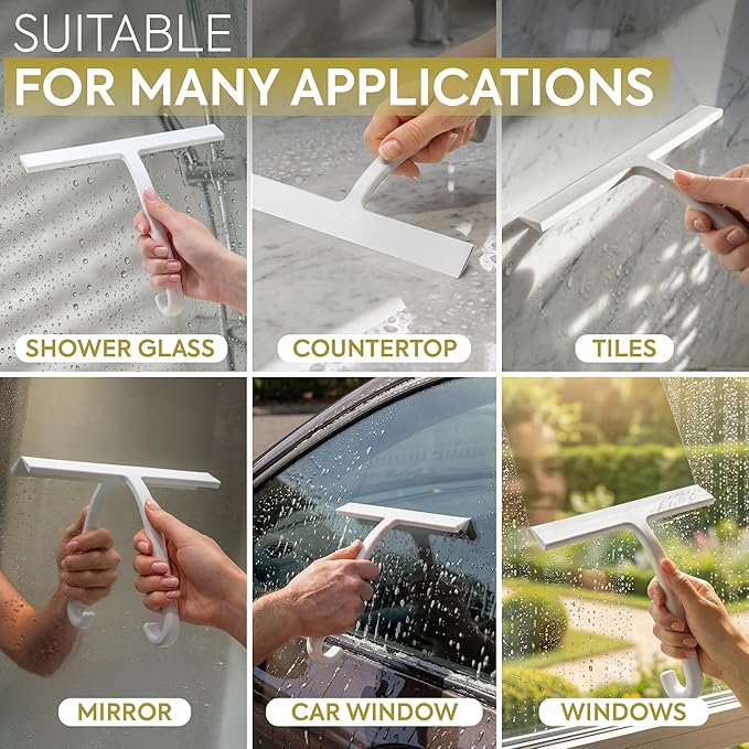 GÜTEWERK Shower Squeegee for Glass Doors – Bathroom Squeegee for Shower Glass & Tile Walls, Streak-Free & No-Squeak Silicone Blade, Stainless Steel Core, Hang Hook + Suction Cup, White, 10 Inch