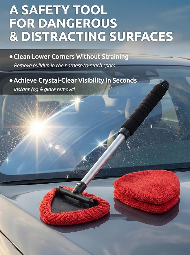 TAKAVU Windshield Window Cleaner Tool, Extendable Long-Reach Handle, Unique Pivoting Triangular Head, 3 Washable Reusable Microfiber Bonnets, Car & Home Inside Interior Exterior Use - Lint Free (Red)