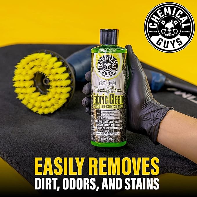 Chemical Guys Foaming Citrus Fabric Clean Drill Brush Kit - High Foaming Stain and Odor Remover, Upholstery, Floor Mat & Car Carpet Cleaner, Deep Cleans & Deodorizes, Citrus Scent - 16 fl oz