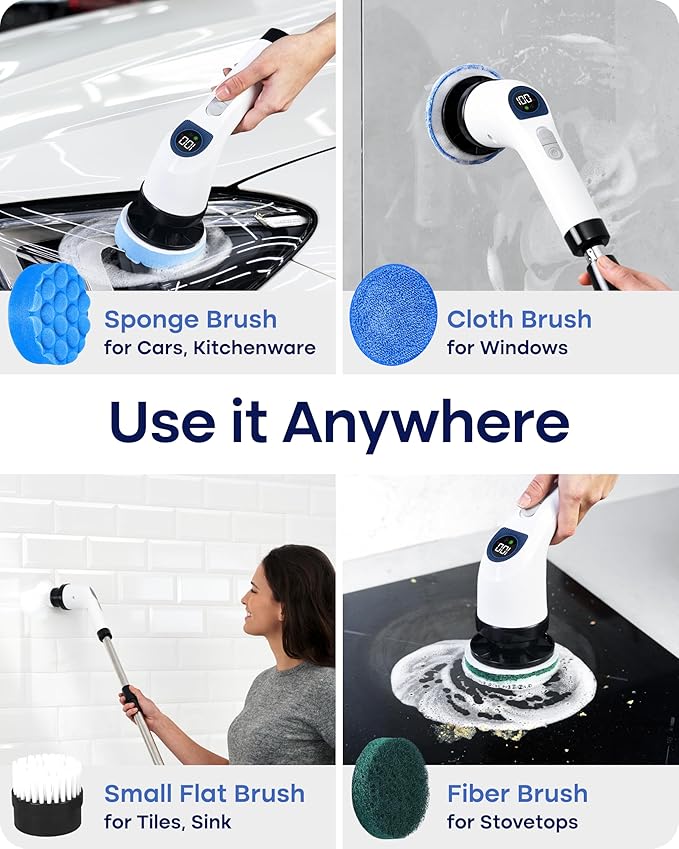 Cleanninja Electric Spin Scrubber for Cleaning, Adjustable Shower Brush with 7 Replaceable Heads & Power LED Display, 2 Speed Waterproof Cordless Shower Scrubber for Bathtub, Kitchen, Car, White
