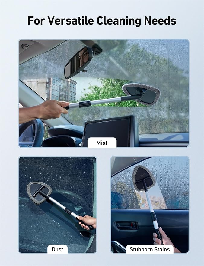 AstroAI 21" Windshield Cleaner Tool, Car Interior Detailing Cleaning Kit with Extendable Handle and 4 Upgraded High-Density Reusable Microfiber Pads, Auto Glass Wiper Brush Kit for Cars, Gray