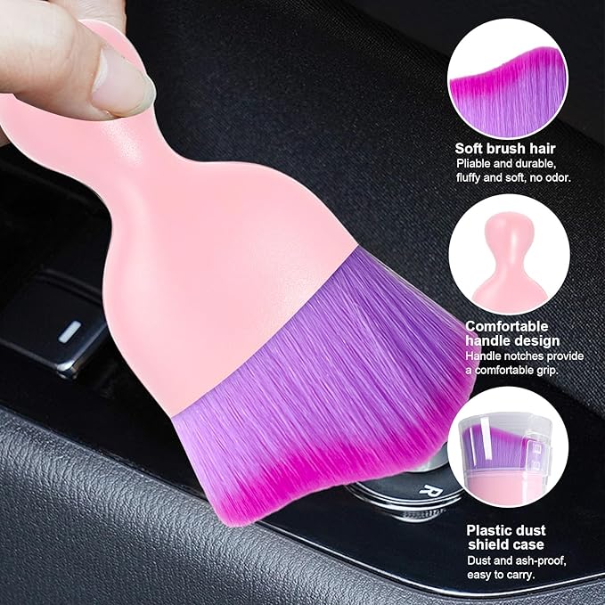 Ziciner 2 PCS Car Detailing Brush, Curved Soft Bristles Auto Removal Dust Collectors, Universal Vehicle Dashboard, Air Conditioner Vents etc Interior Cleaning Tool Accessory (Pink/Purple)